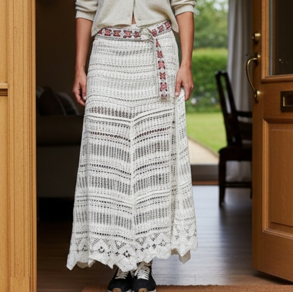 POL Openwork Boho Crochet Knit Scallop Maxi Skirt Butterfly Embroidered Belt - Picture 2 of 16